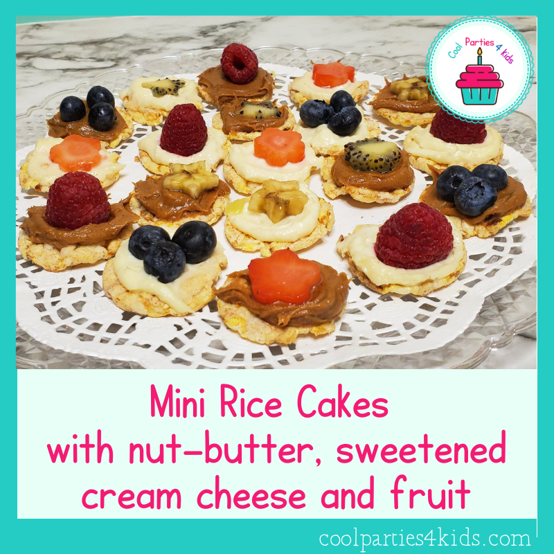 Mini Rice Cakes with nut-butter, sweetened cream cheese and fruit